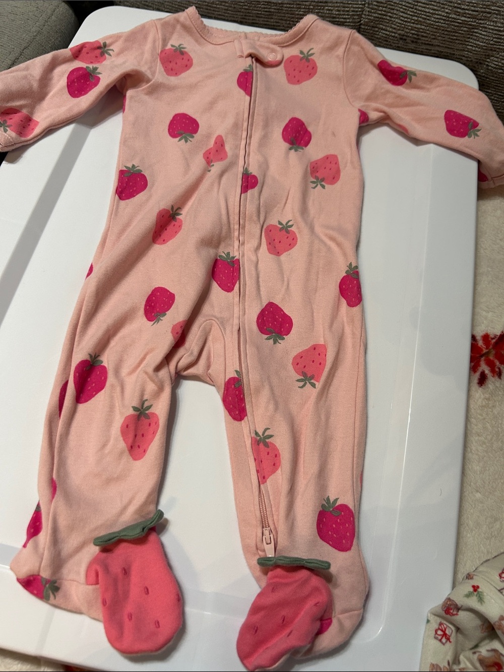 Pink Strawberry-Print Footed One-Piece for Kids